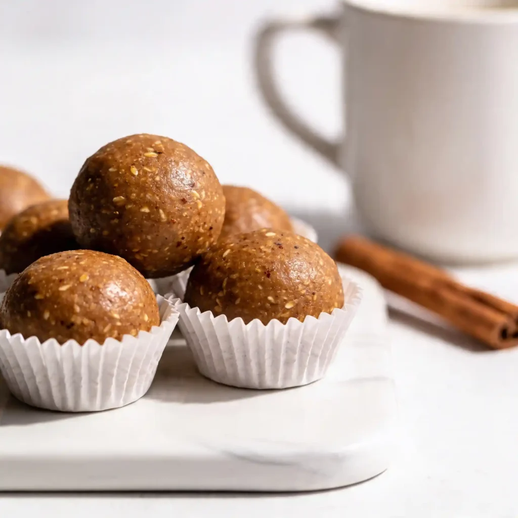 A cluster of healthy chai spice energy balls served on a sleek rectangular white plate.