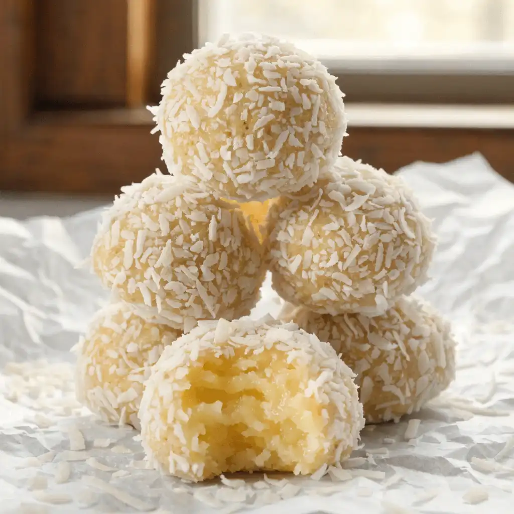Stacked vegan citrus energy balls on parchment paper, with one showing a bite taken out.