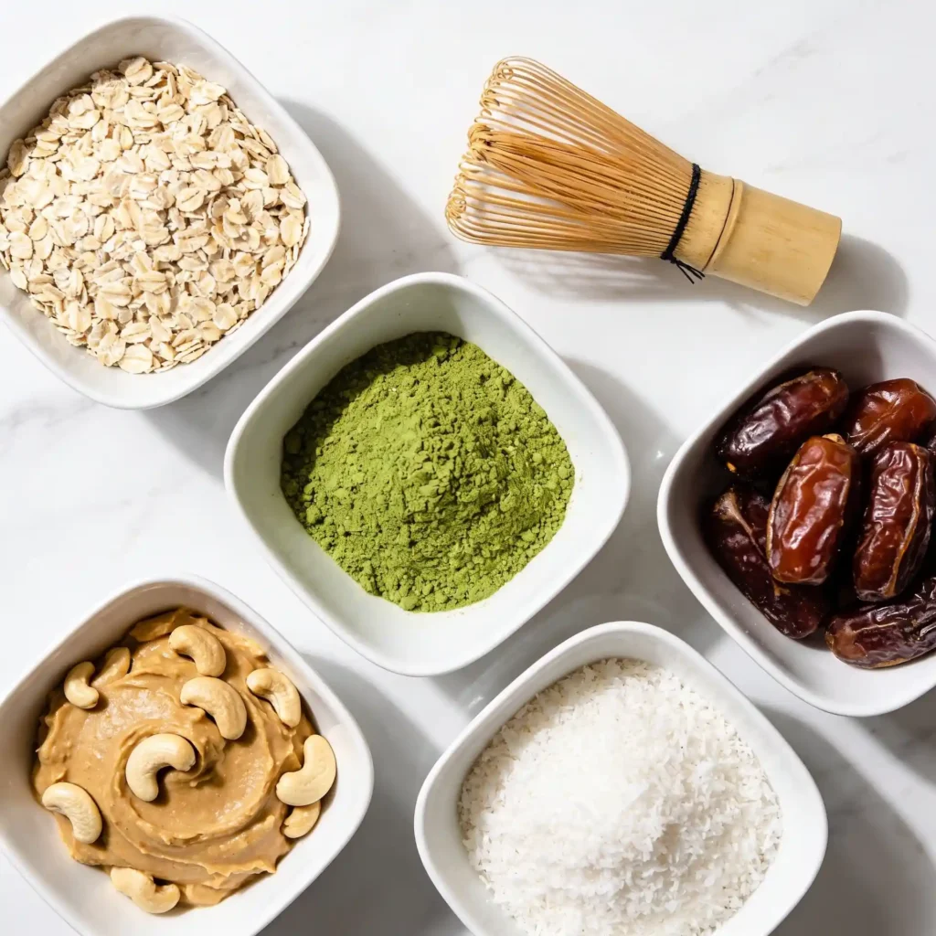 Small modern white bowls filled with rolled oats, matcha powder, cashew butter, dates, and coconut on a marble counter.