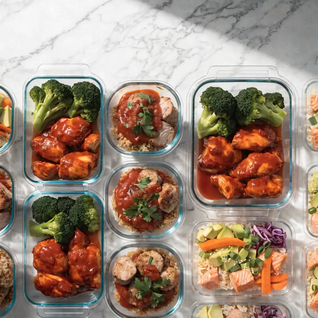 A top-down layout of numerous glass containers filled with high protein meal prep recipes on a white marble surface.