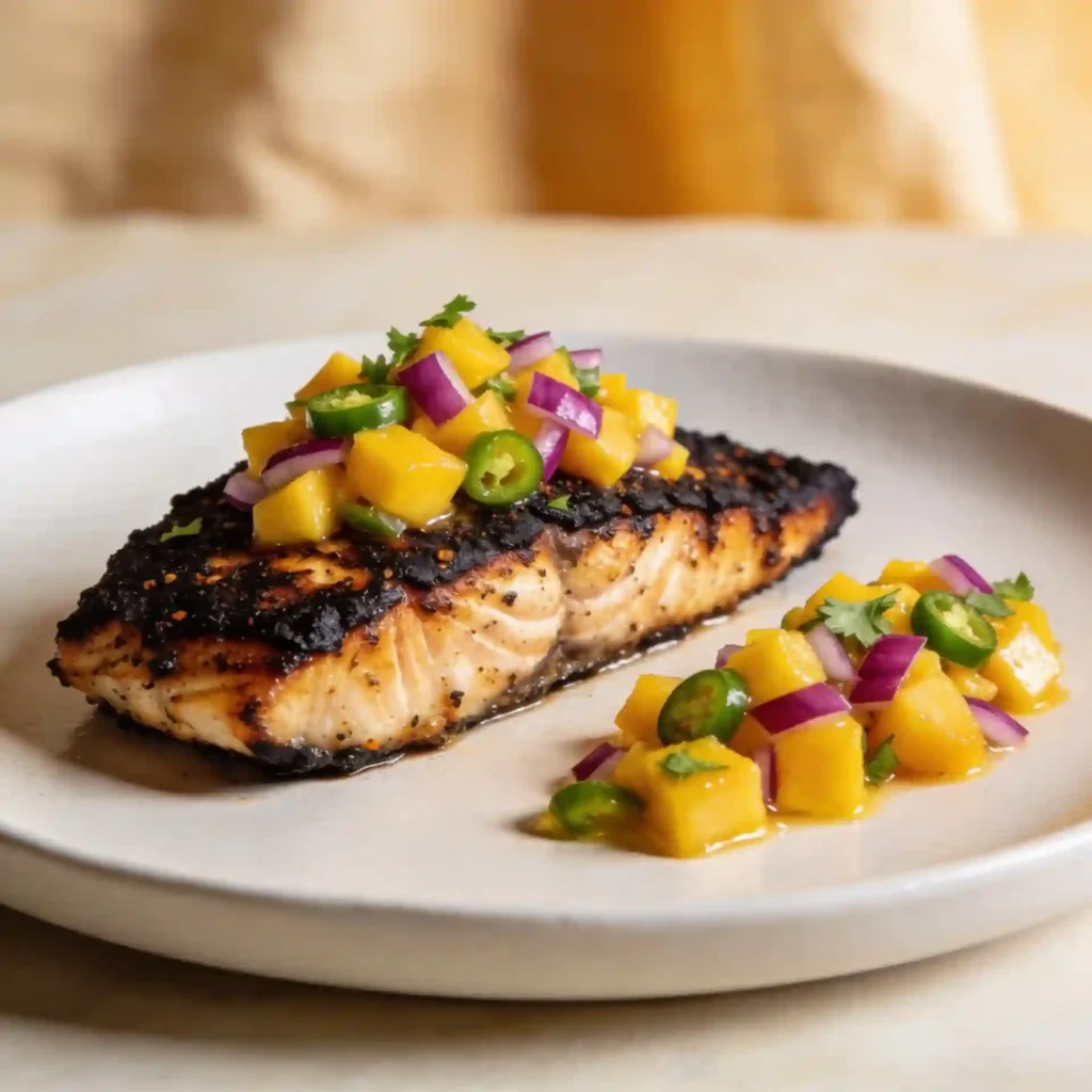 A flawlessly seared piece of fish topped with chunky fruit salsa demonstrating what goes well with blackened mahi mahi.