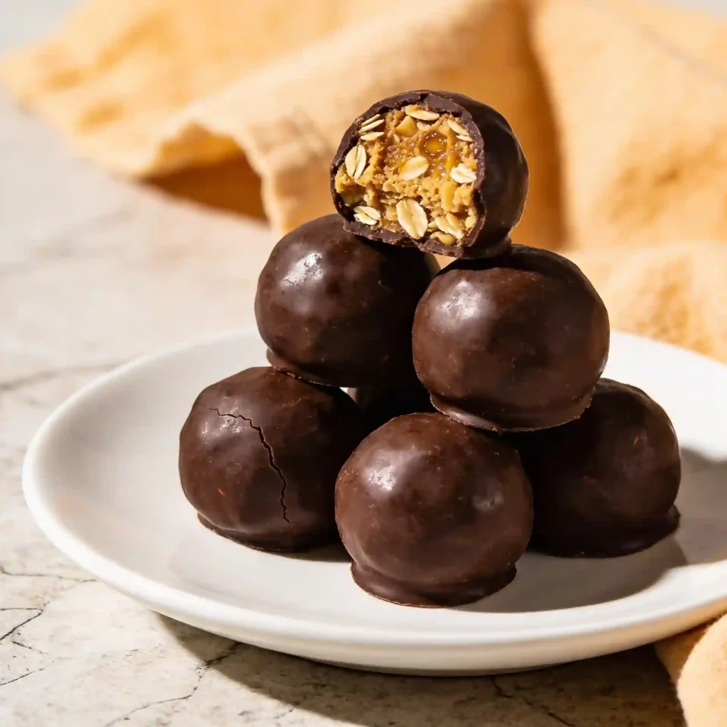 A plate of perfectly smooth, crack-free protein balls answering the question why are my protein balls dry.