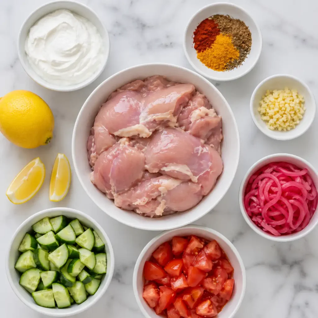 Raw ingredients for yogurt chicken shawarma arranged in white bowls on a marble surface.