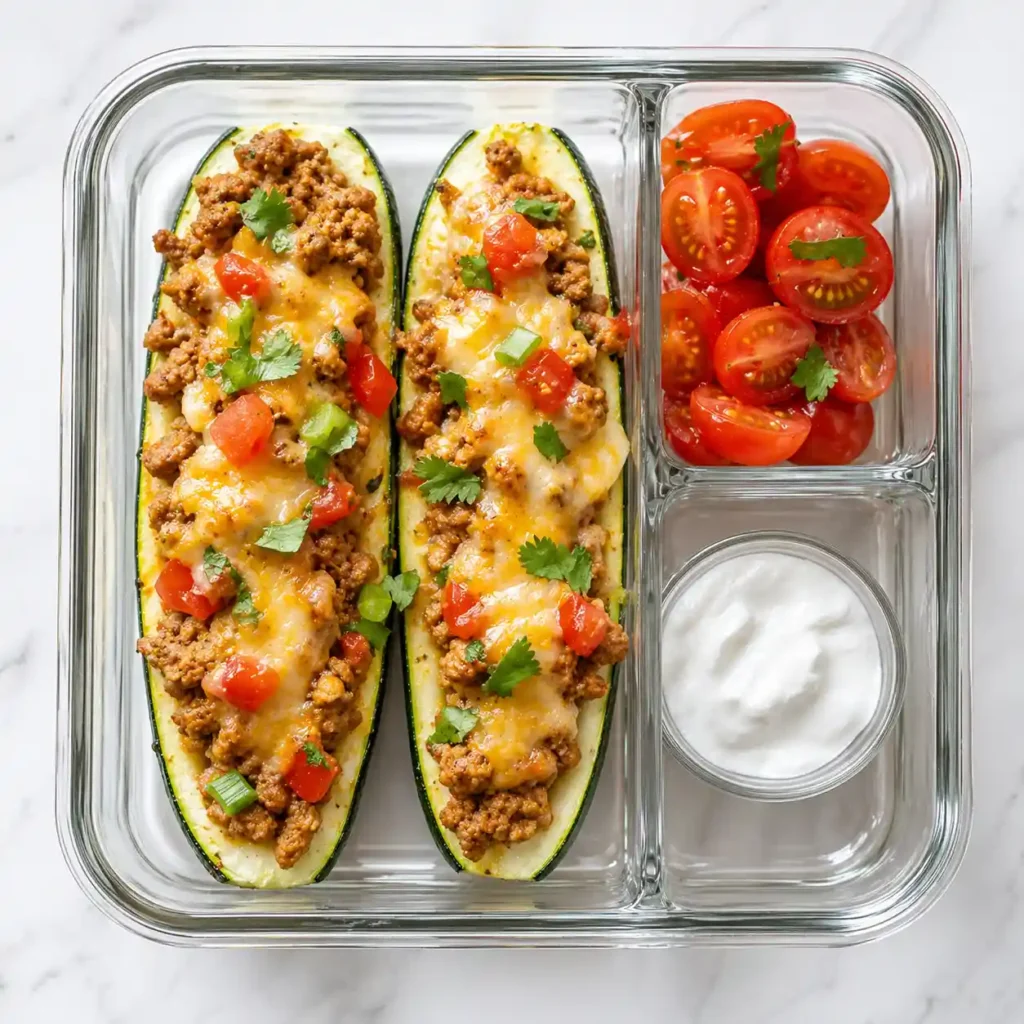 A top-down view of two baked zucchini taco boats packed into a glass meal prep container.