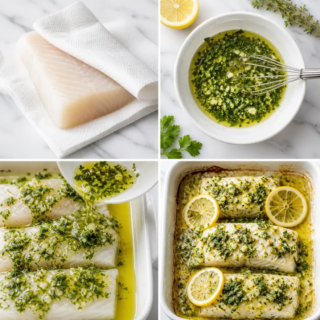 A 4-panel collage showing the drying, mixing, pouring, and baking steps for lemon herb baked cod.