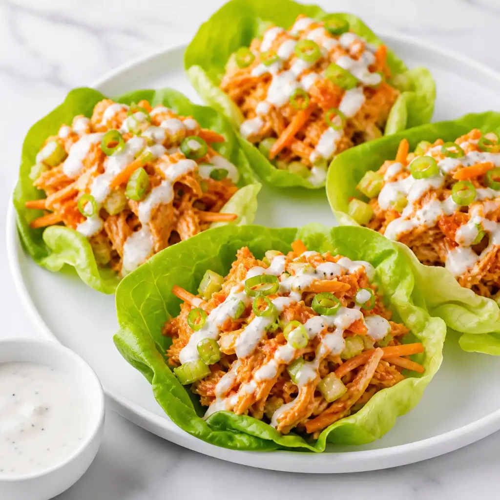 A top-down view of beautifully plated buffalo chicken lettuce wraps loaded heavily with creamy white dressing and crunchy celery on a white marble surface.