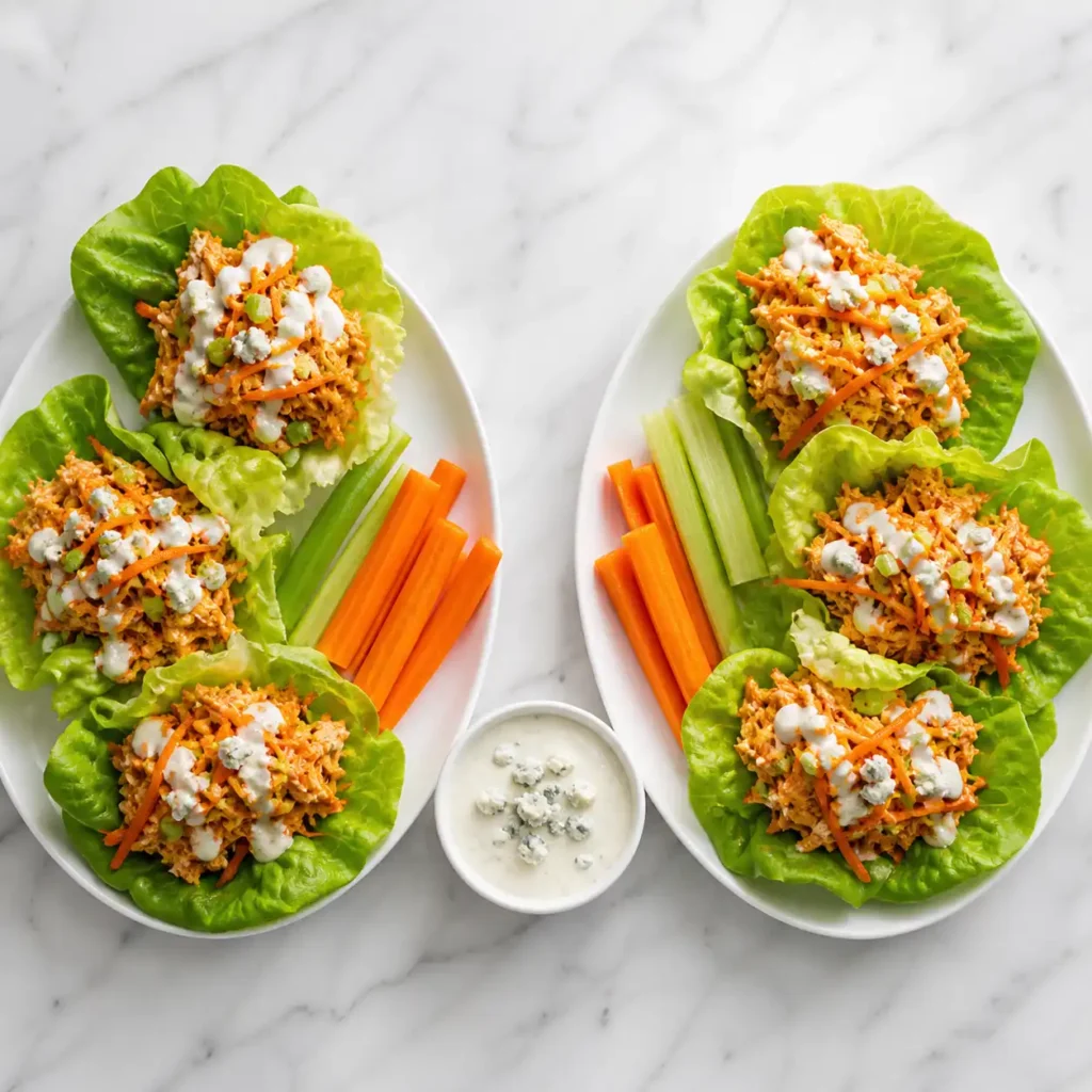 A top-down flat lay of two freshly plated buffalo chicken lettuce cup dinners on a white marble counter.