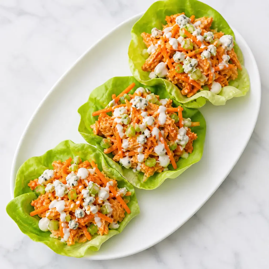 A top-down flat lay view of three Buffalo Chicken Lettuce Wraps filled with spicy chicken and celery on white marble.