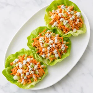 A top-down flat lay view of three Buffalo Chicken Lettuce Wraps filled with spicy chicken and celery on white marble.