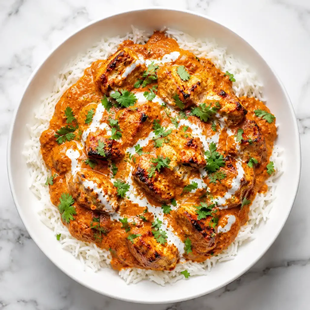 A top-down flat lay view of a white ceramic bowl filled with Chicken Tikka Masala and basmati rice on white marble.