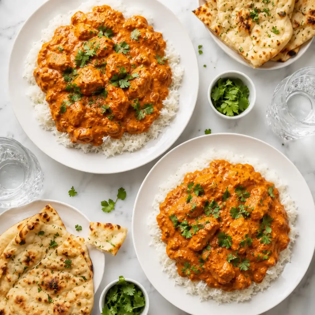 A top-down flat lay of two freshly plated chicken tikka masala dinners on a white marble counter.