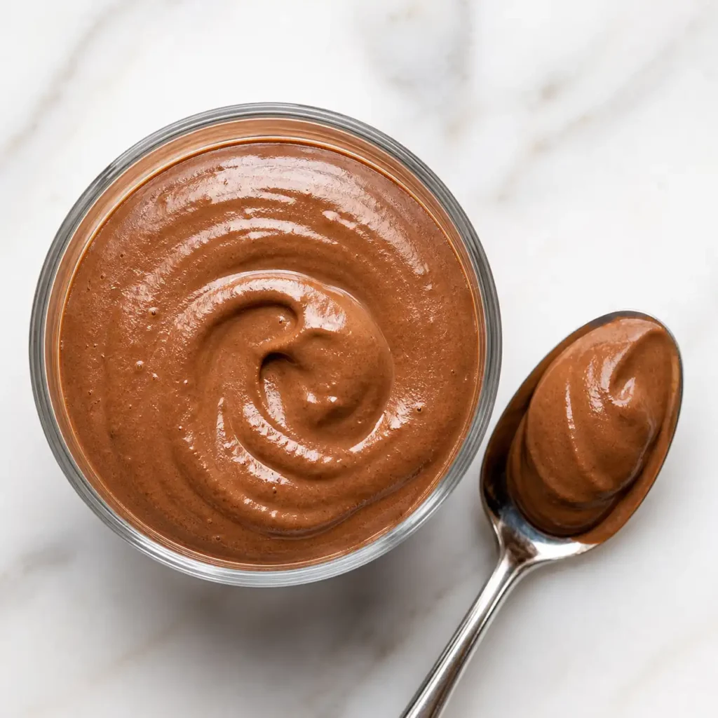 A close-up top-down view showing the smooth, ganache-like texture of mocha cottage cheese mousse on a spoon.