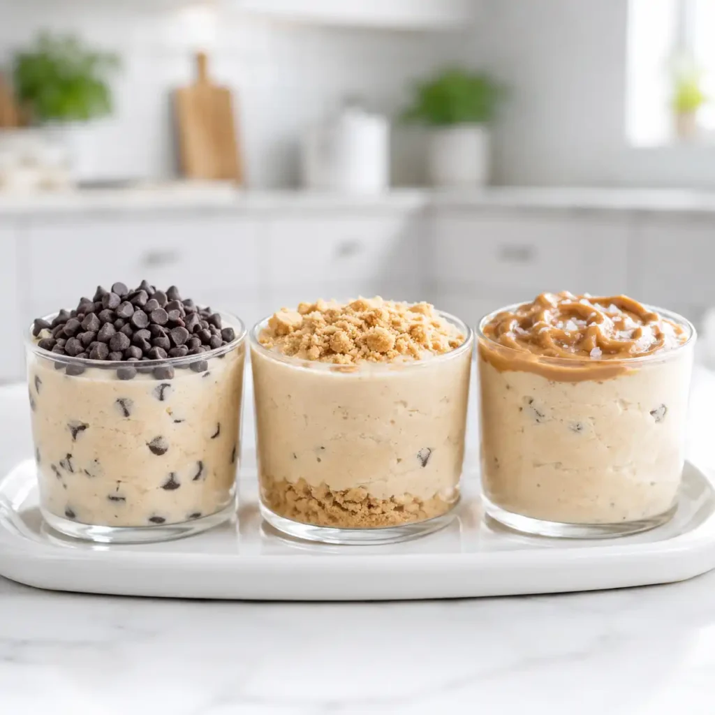Three glass tumblers of thick cottage cheese cookie dough mousse, each featuring different elegant toppings like graham cracker crumbs and cashew butter on a white tray.