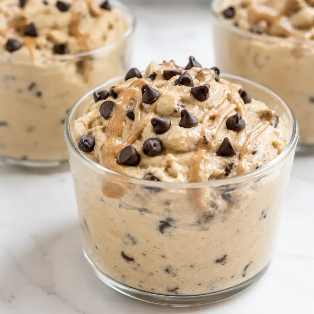 Cottage Cheese Cookie Dough Mousse in three elegant glass tumblers, creamy and pale golden with mini chocolate chips, on a white quartz counter.