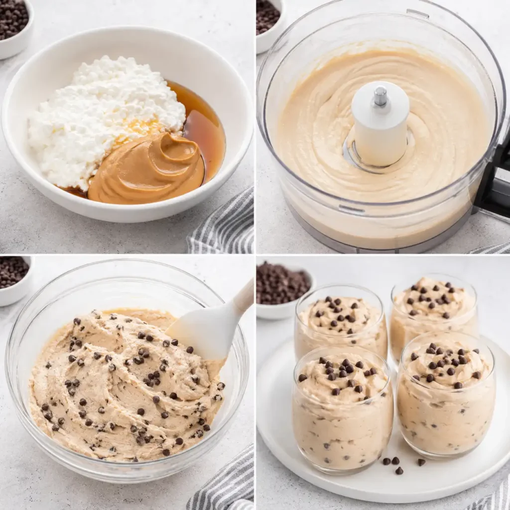 A 4-panel image process visualization for making cottage cheese cookie dough mousse, showing ingredients blending into a smooth base, folding in chocolate chips, and portioning into elegant glasses.