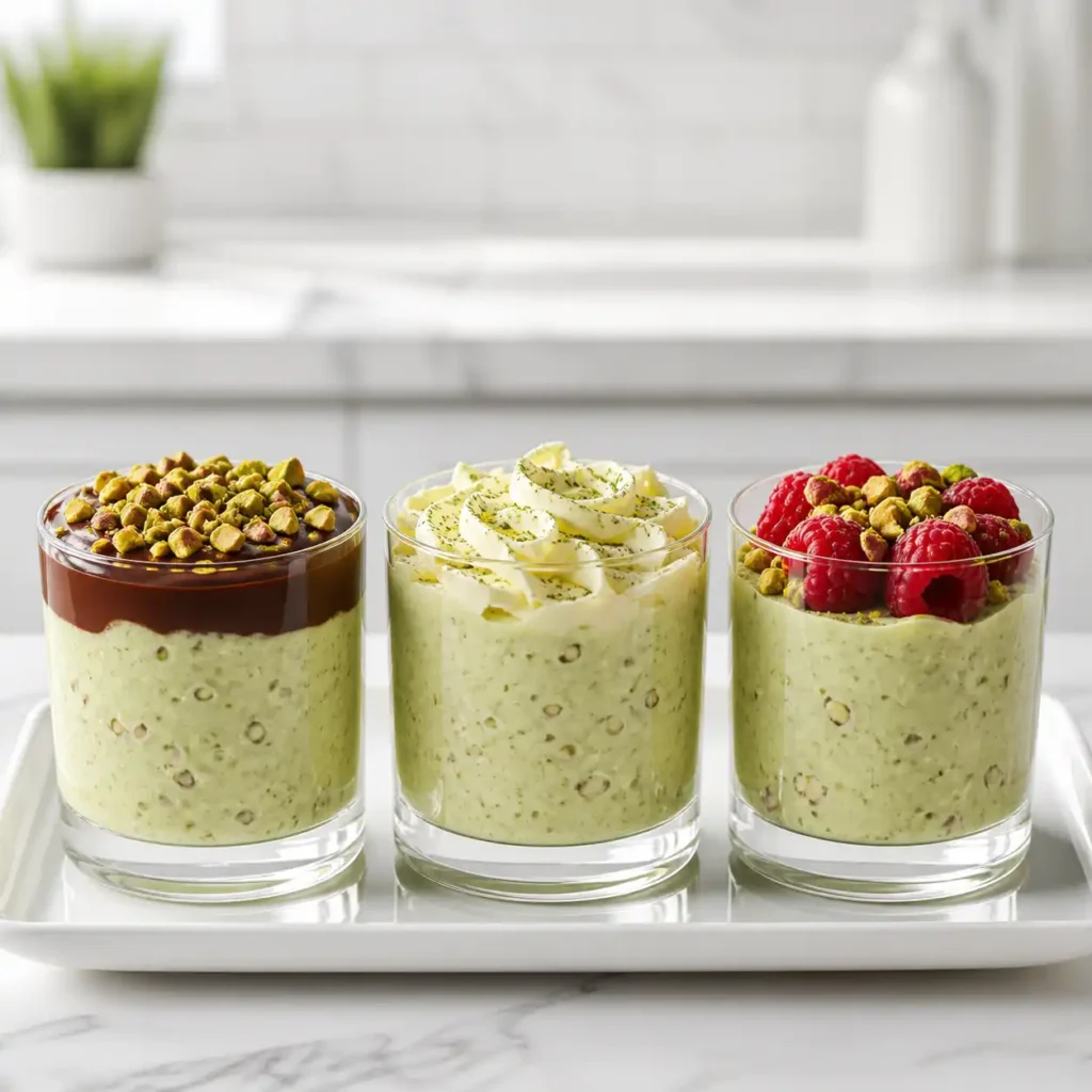 Three glass tumblers of pale green pistachio cottage cheese mousse, each featuring different elegant toppings like dark chocolate ganache and white chocolate on a white tray.