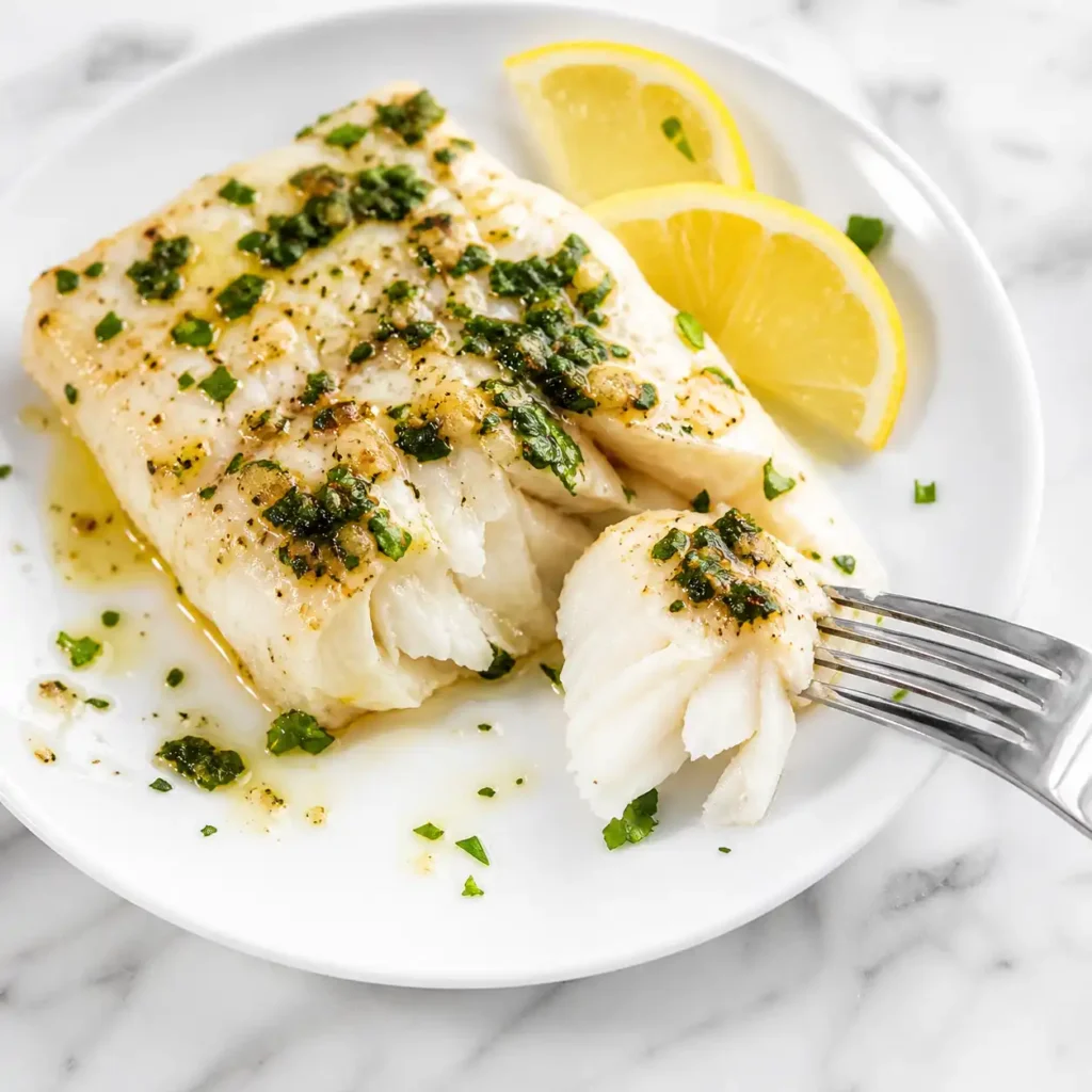 A close-up top-down view showing a fork pulling a tender flake from a lemon herb baked cod fillet.