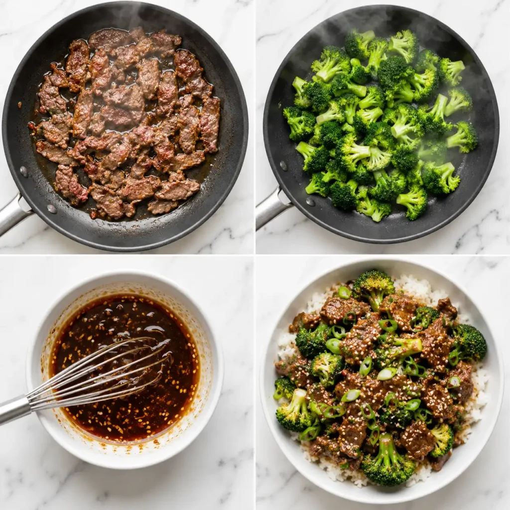 A 4-panel collage showing the searing, steaming, saucing, and final plated steps for beef and broccoli.