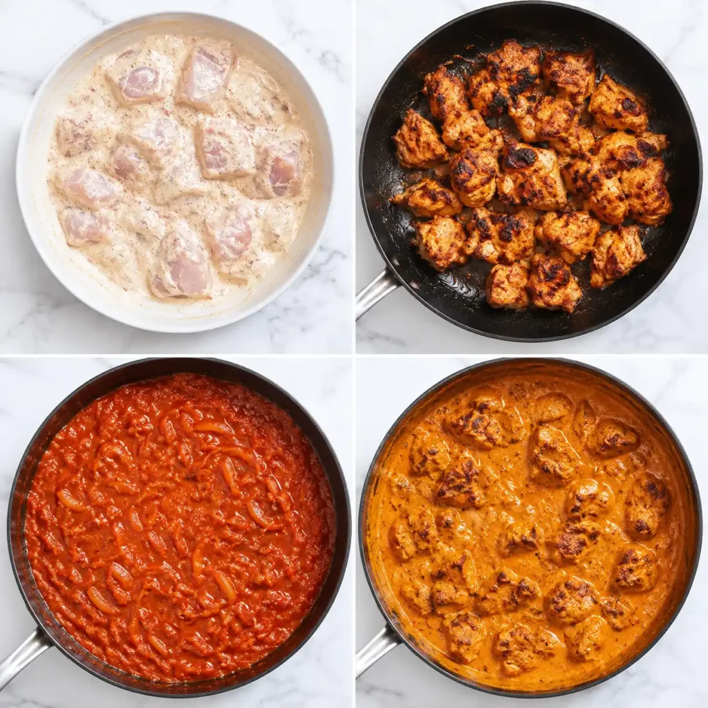 A 4-panel collage showing the marinating, searing, simmering, and mixing steps for chicken tikka masala.
