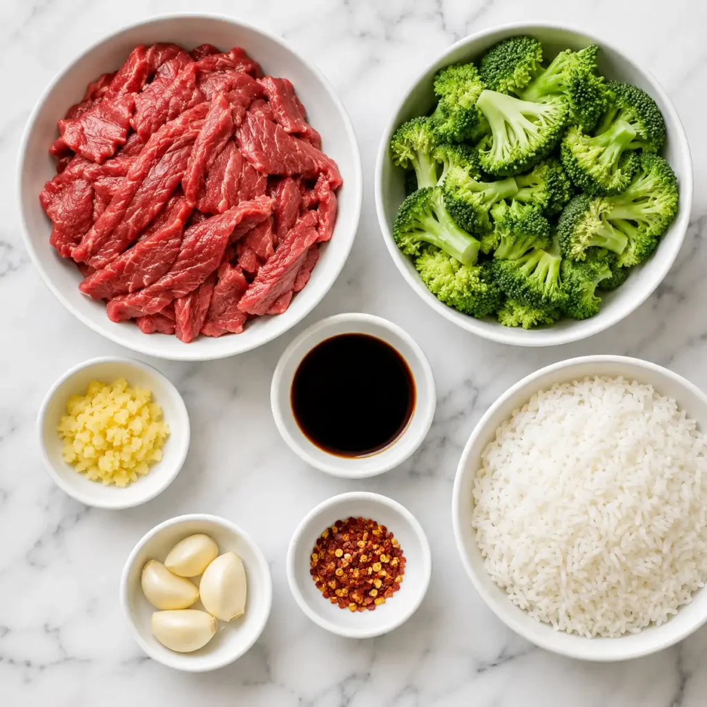 Raw ingredients for beef and broccoli arranged in minimalist white bowls on a marble surface.