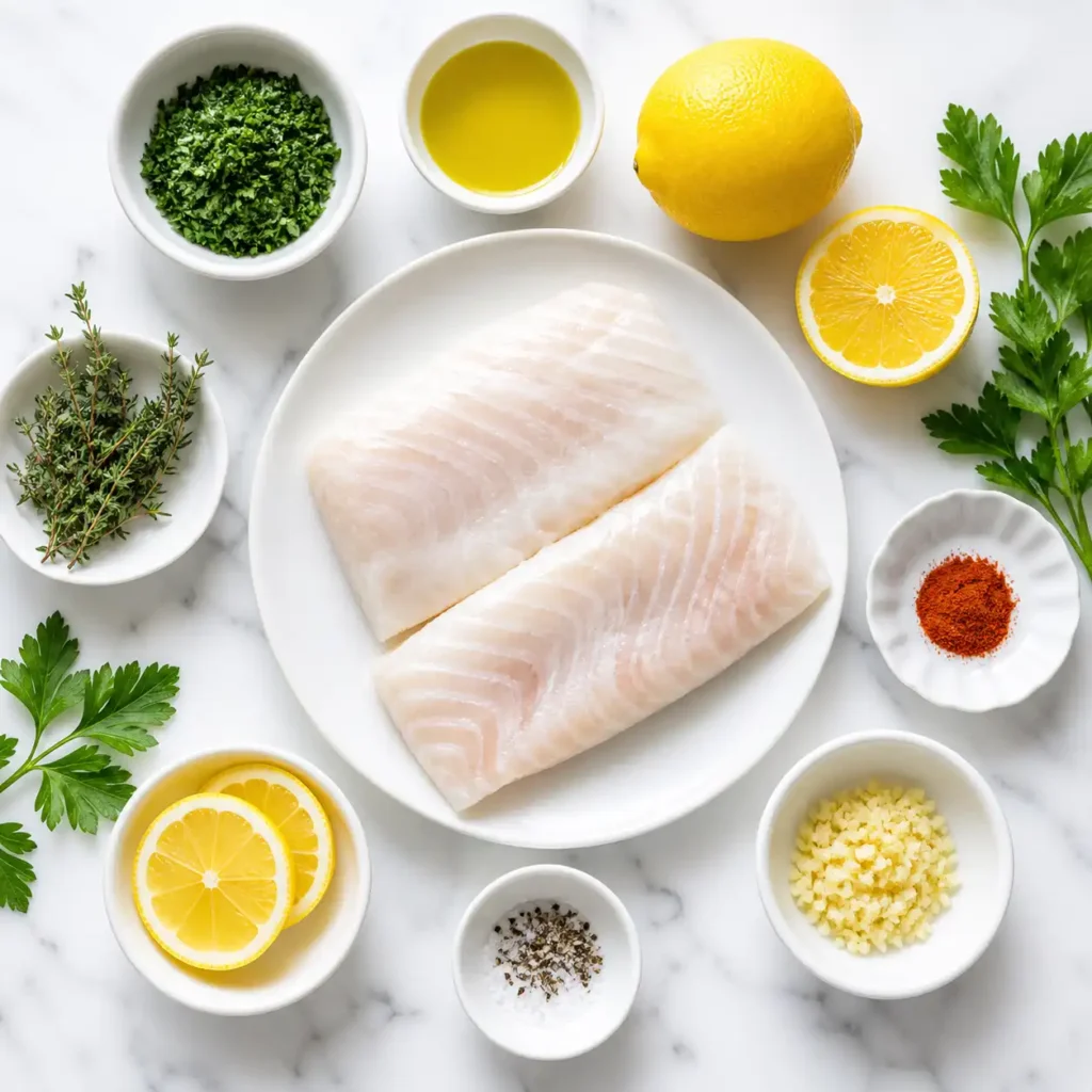 Raw ingredients including cod fillets, lemons, garlic, and fresh herbs arranged in white bowls on a marble surface.