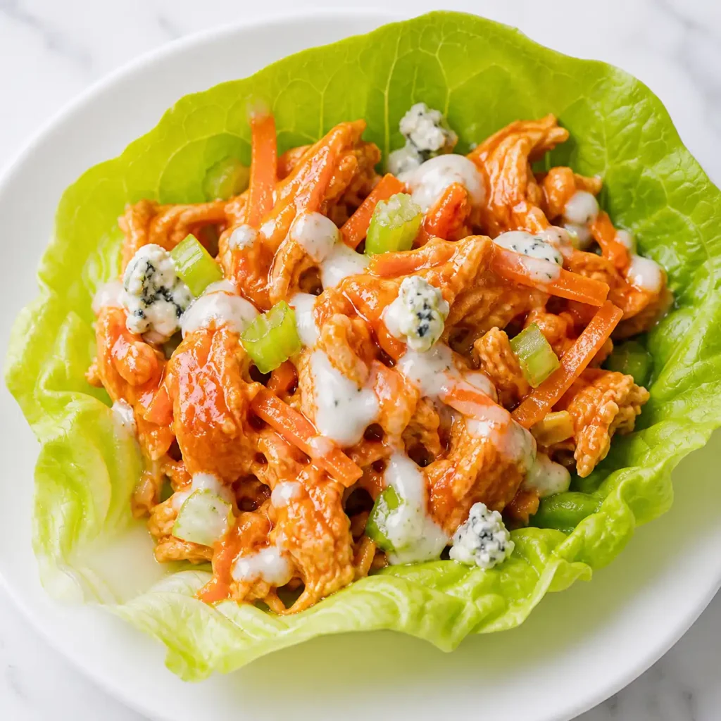A close-up top-down view showing saucy shredded buffalo chicken and creamy dressing inside a lettuce wrap.