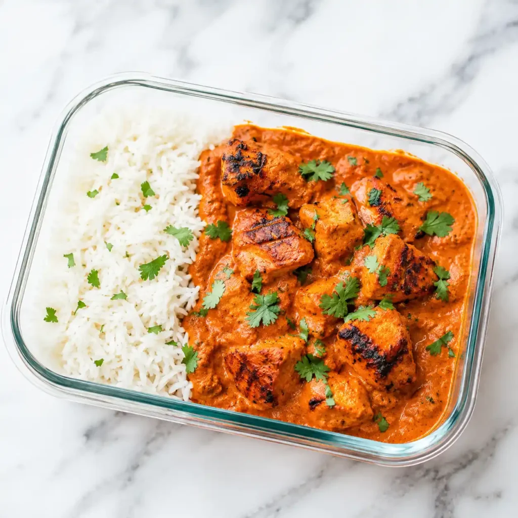 A close-up top-down view showing a glass meal prep container filled with healthy chicken tikka masala and rice.