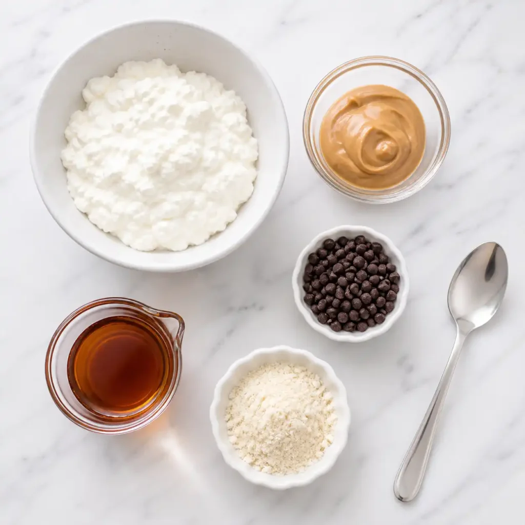 A bowl of thick cottage cheese, cashew butter, mini chocolate chips, almond flour, and a pitcher of maple syrup arranged neatly on a white marble surface.