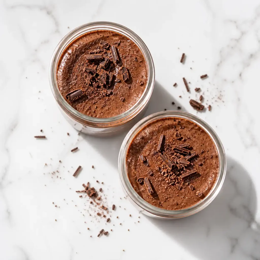 A top-down flat lay of two elegant glass cups filled with healthy mocha pudding on a white marble counter.