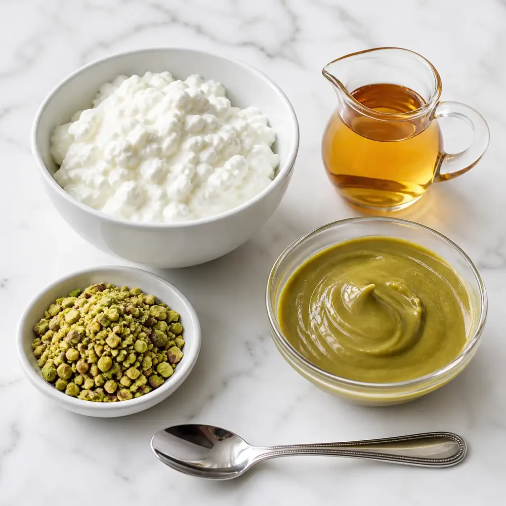 A bowl of thick cottage cheese, pistachio butter, crushed pistachios, and a pitcher of maple syrup arranged neatly on a white marble surface.