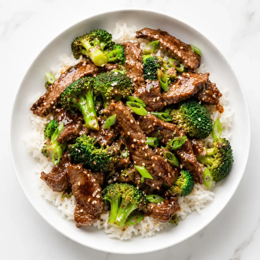 A top-down flat lay view of a loaded bowl of glossy High Protein Beef and Broccoli with sesame seeds on white marble.