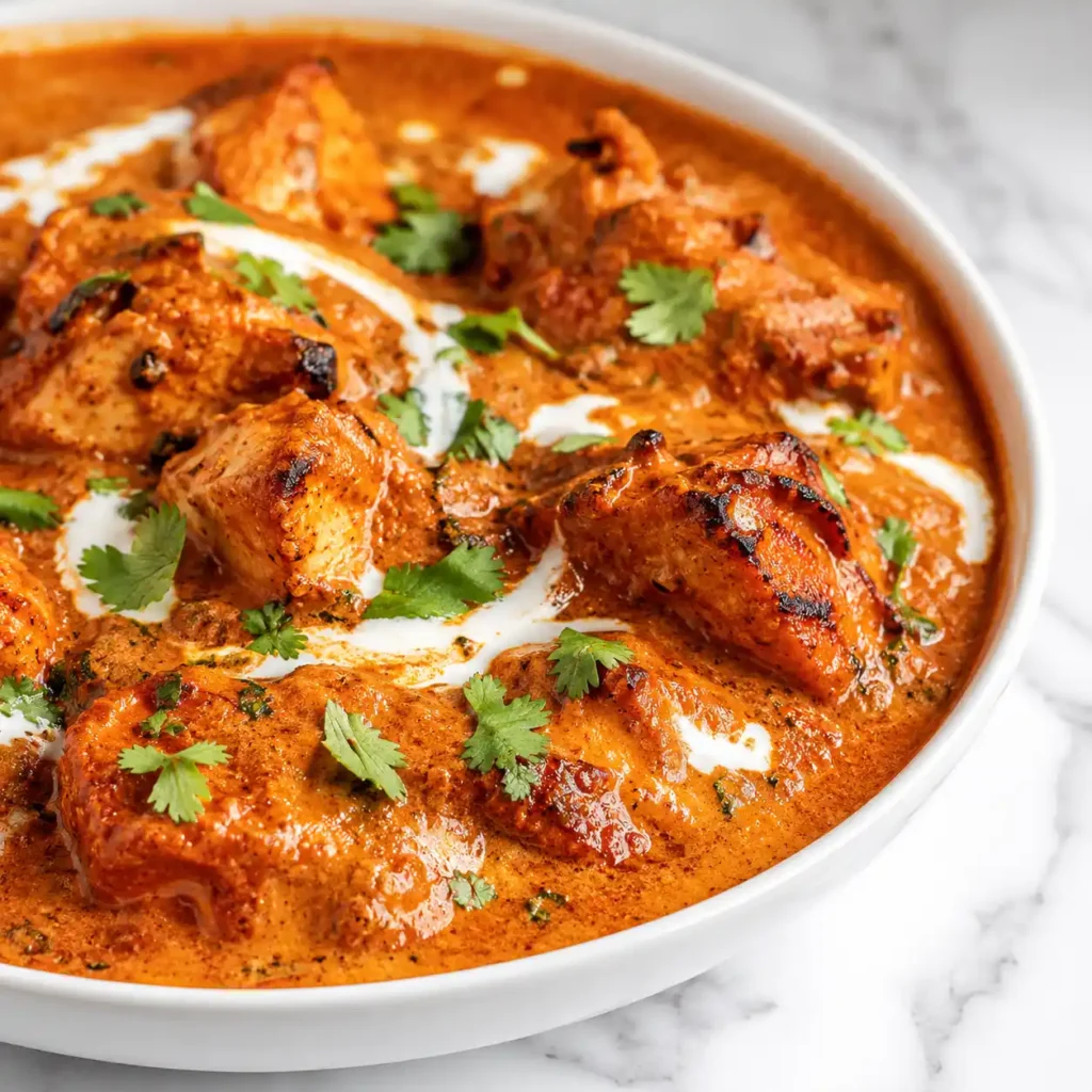 A close-up of thick, silky curry sauce and a swirl of cream on high-protein chicken tikka masala.