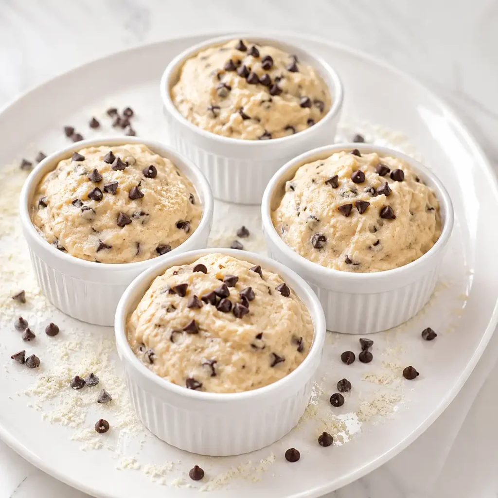 Four white ceramic ramekins filled with thick, creamy cookie dough cottage cheese mousse, arranged on a glossy white platter with mini chocolate chips.