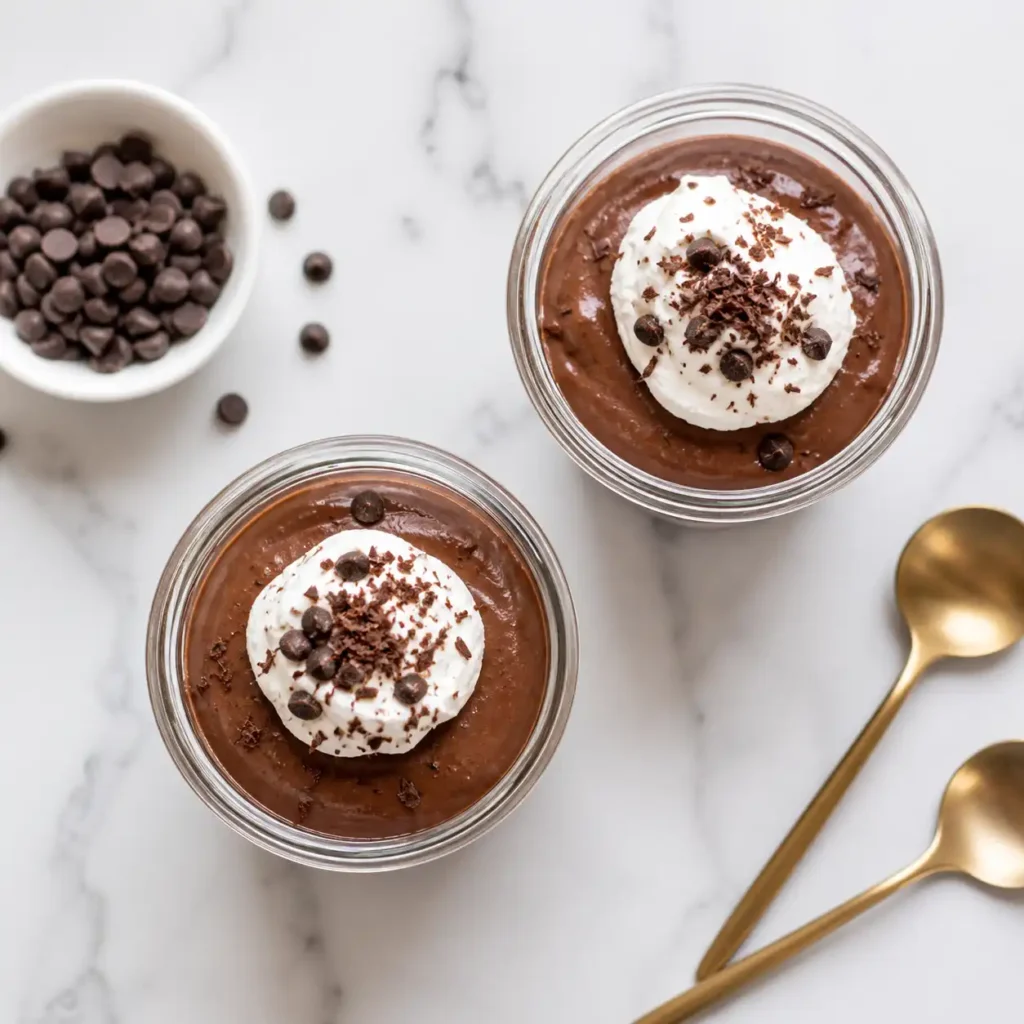 A top-down view of two glass jars filled with thick, chilled high-protein mocha dessert on a white marble surface.