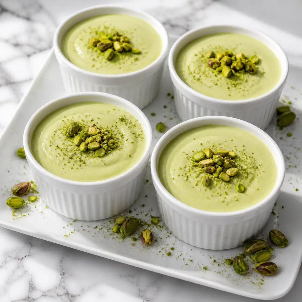 Four white ceramic ramekins filled with smooth pale green pistachio cottage cheese mousse, arranged on a glossy white platter with roasted pistachios.