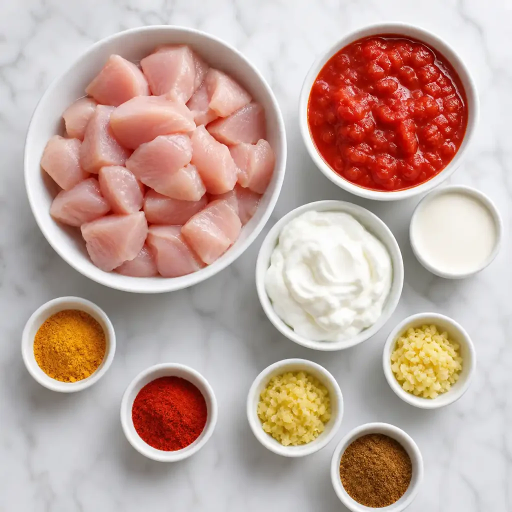 Raw ingredients including chicken, yogurt, tomatoes, and bright spices arranged in white bowls on a marble surface.