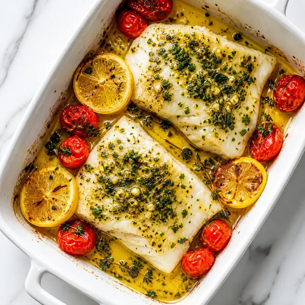 A top-down flat lay view of Lemon Herb Baked Cod with cherry tomatoes in a white baking dish on white marble.