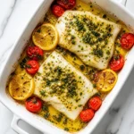 A top-down flat lay view of Lemon Herb Baked Cod with cherry tomatoes in a white baking dish on white marble.