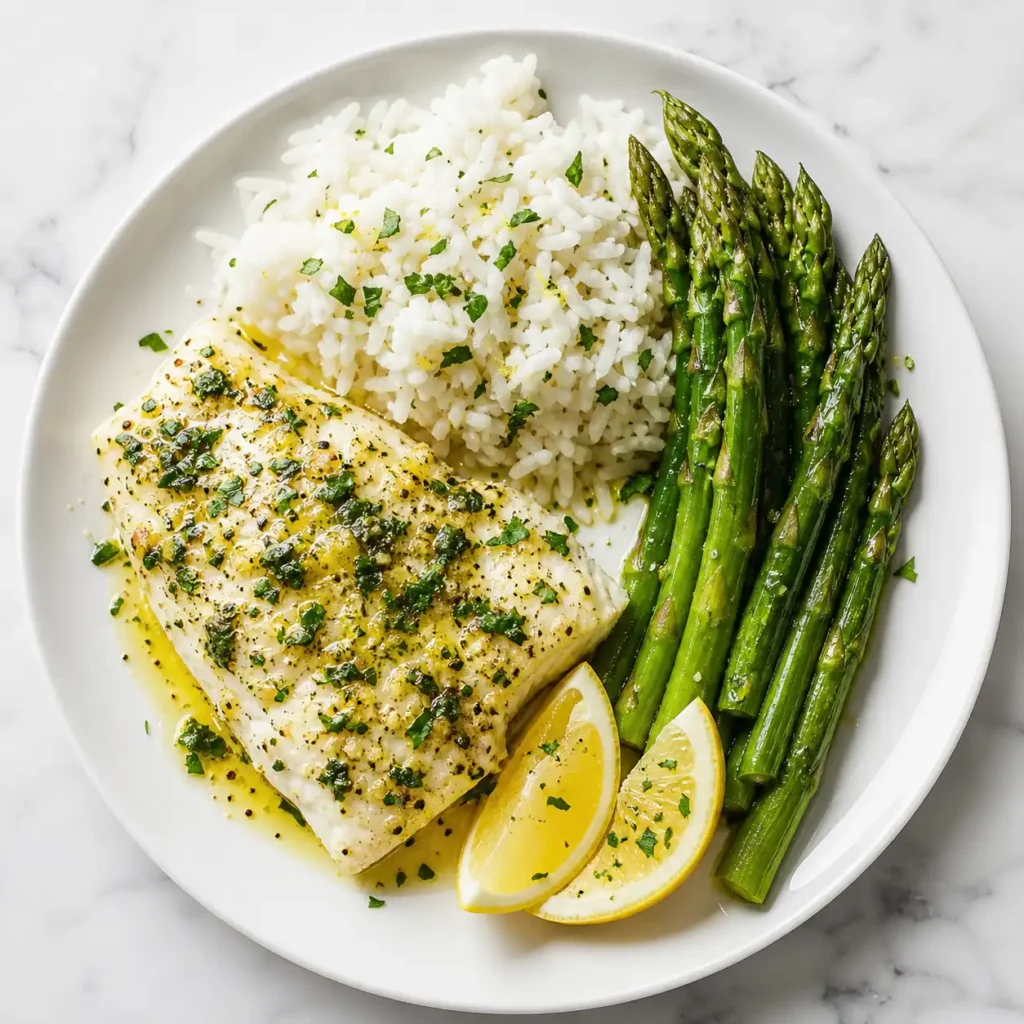 A top-down view of a plated lemon herb butter cod dinner with white rice and asparagus.