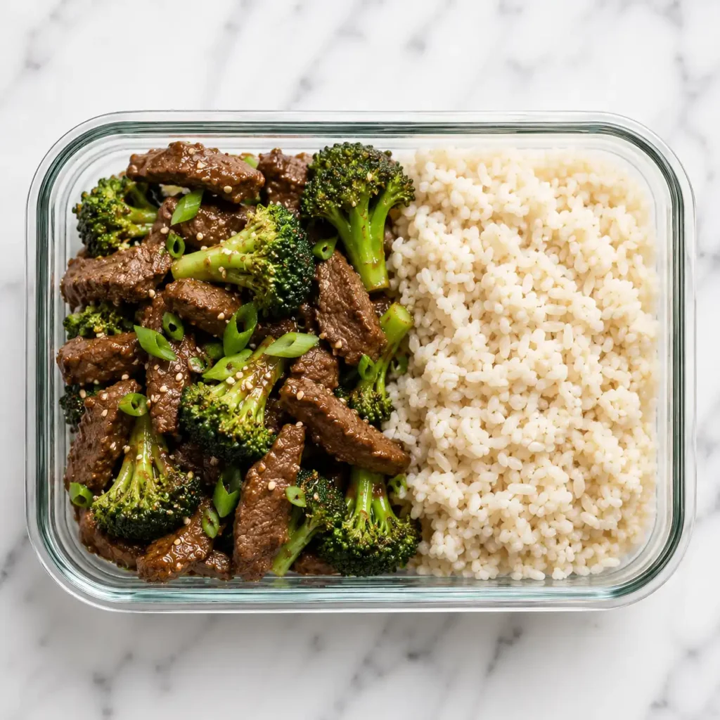 A top-down view of a rectangular glass meal prep container filled with low-carb beef and broccoli and cauliflower rice.