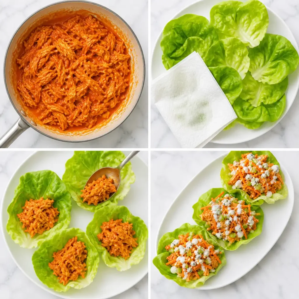 A 4-panel collage showing the saucing, drying, filling, and garnishing steps for buffalo chicken lettuce wraps.
