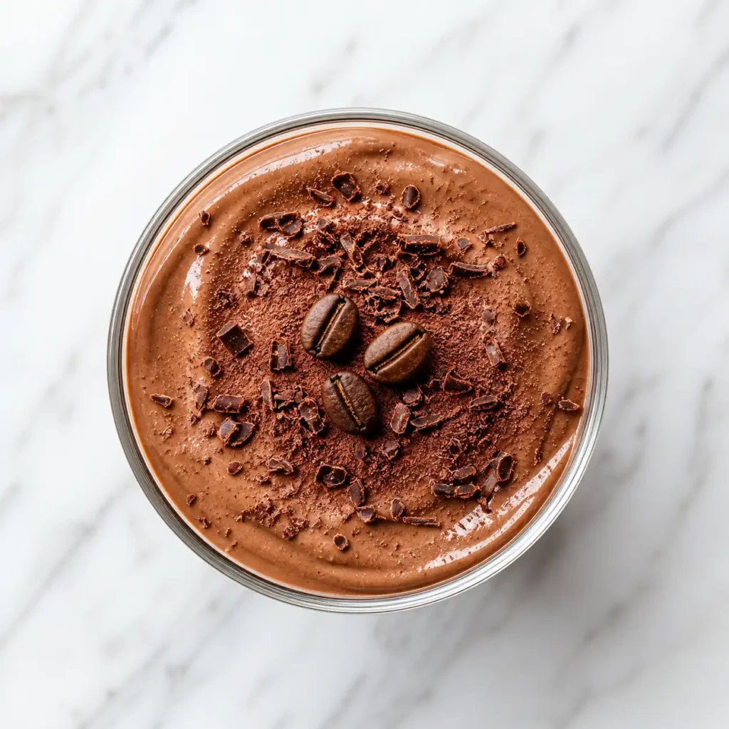 A top-down flat lay view of a glass cup filled with silky mocha cottage cheese mousse on white marble.