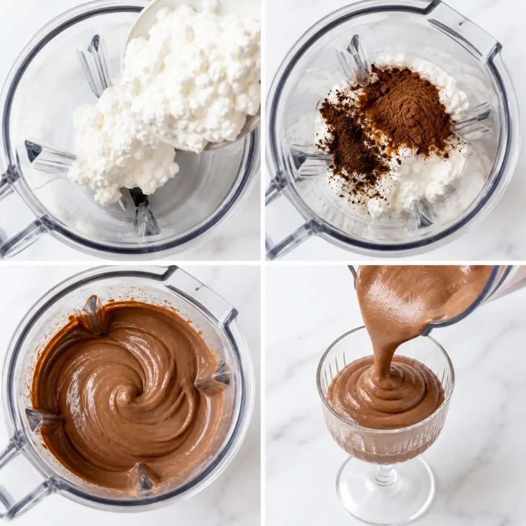 A 4-panel collage showing the adding, blending, and pouring steps for mocha cottage cheese mousse.