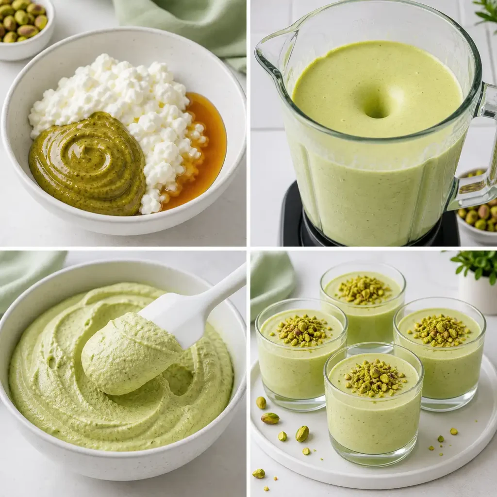 A 4-panel image process visualization for making pistachio cottage cheese mousse, showing ingredients blending into a pale green base, portioning into multiple elegant glasses, and finished garnished desserts.