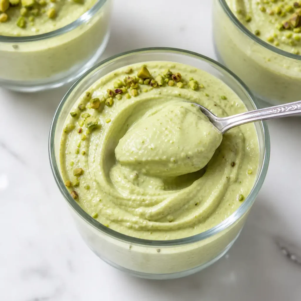 A close-up macro shot of a silver spoon scooping thick, perfectly smooth swirled pale green pistachio cottage cheese mousse from a glass tumbler.