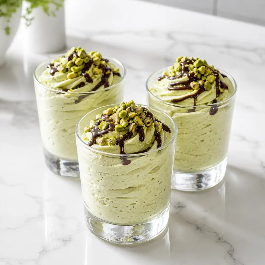 Pistachio Cottage Cheese Mousse in three elegant glass tumblers, creamy and pale green, garnished with dark chocolate and crushed pistachios on a white quartz counter.