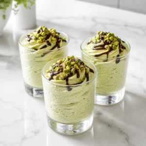 Pistachio Cottage Cheese Mousse in three elegant glass tumblers, creamy and pale green, garnished with dark chocolate and crushed pistachios on a white quartz counter.