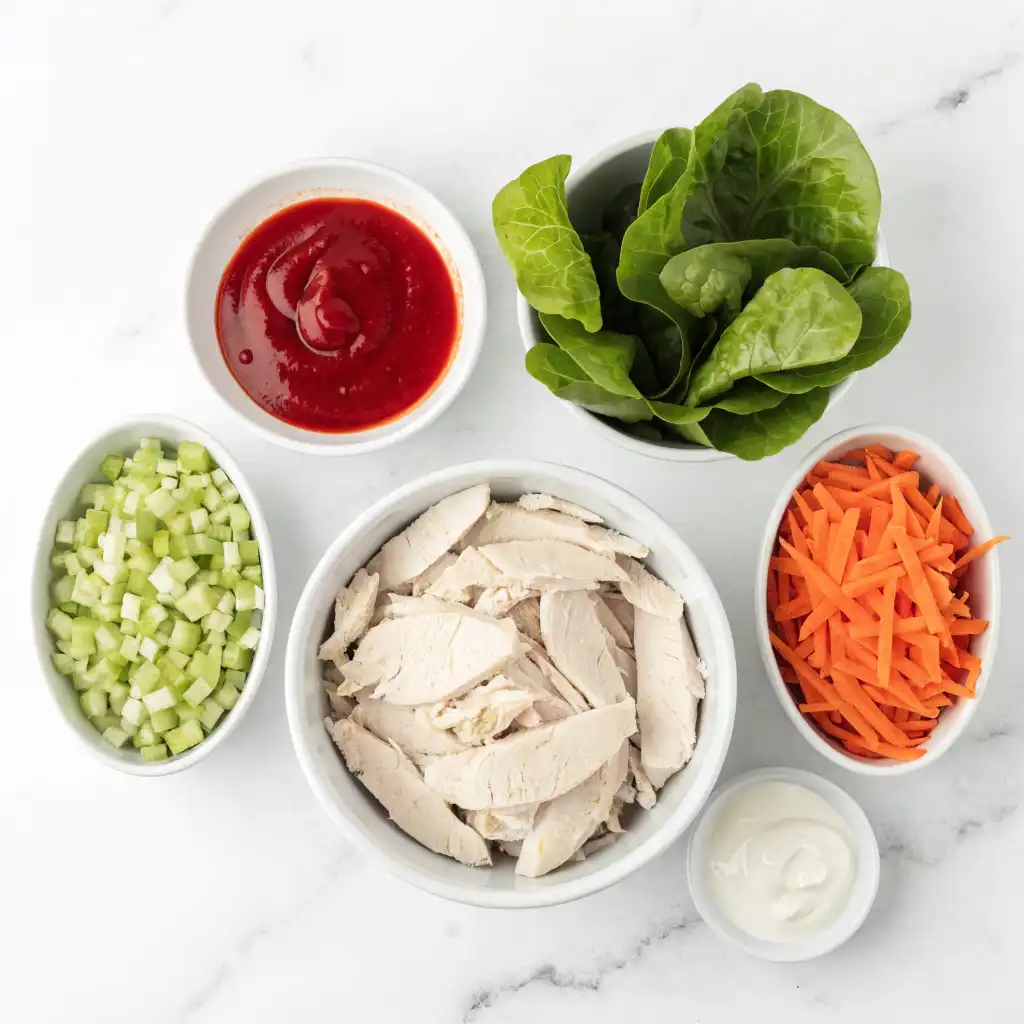 Raw ingredients including shredded chicken, hot sauce, celery, and lettuce arranged in white bowls on a marble surface.