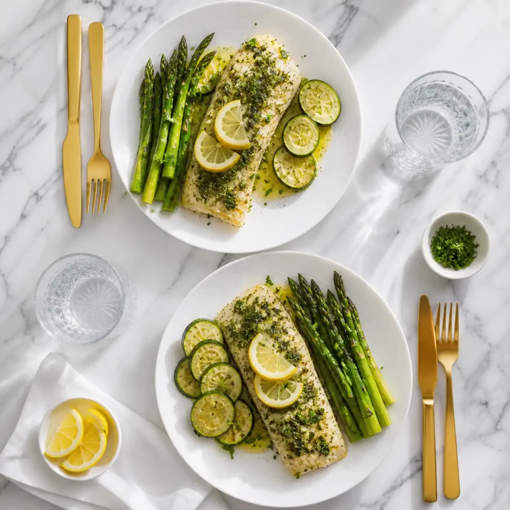 A top-down flat lay of two freshly plated lemon herb baked cod dinners on a white marble counter.