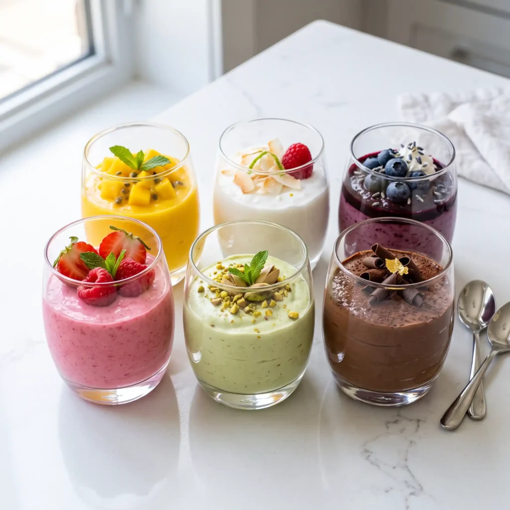 A colorful collection of various Cottage Cheese Mousse Recipes in elegant glass tumblers, including strawberry, chocolate, and mango on a white quartz counter.